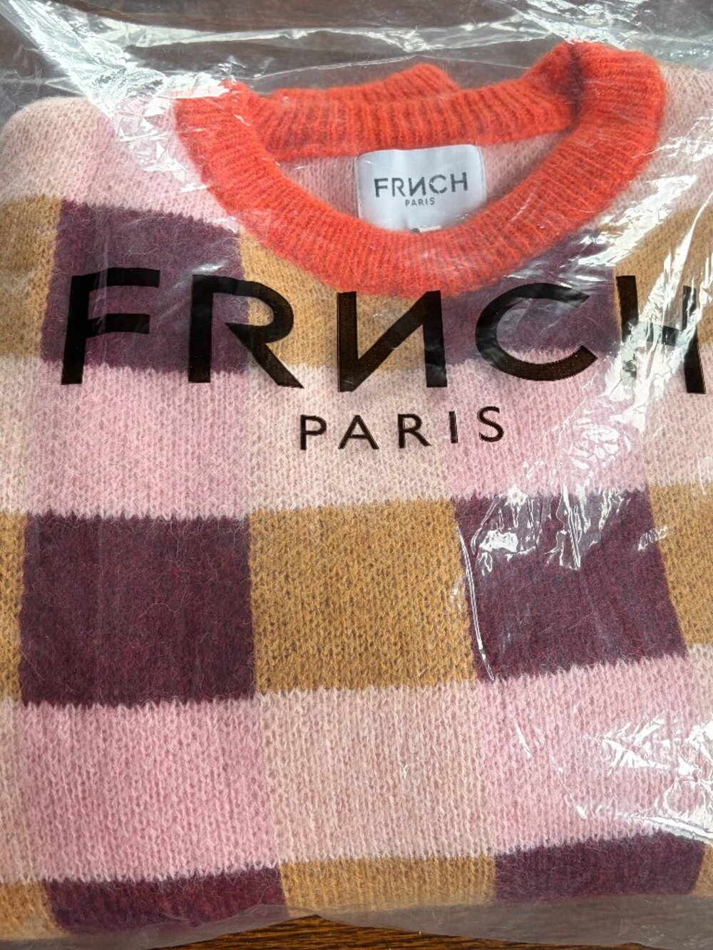 FRNCH Malorine Colorblock Sweater, Pink Burgundy and Tan, Size M, New